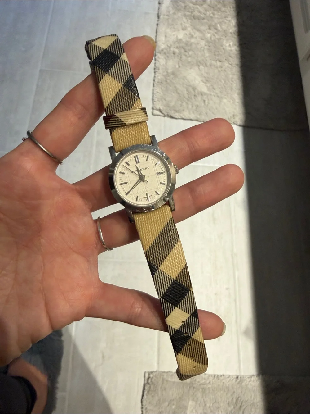 Burberry Beige Plaid Strap Watch with Silver Case